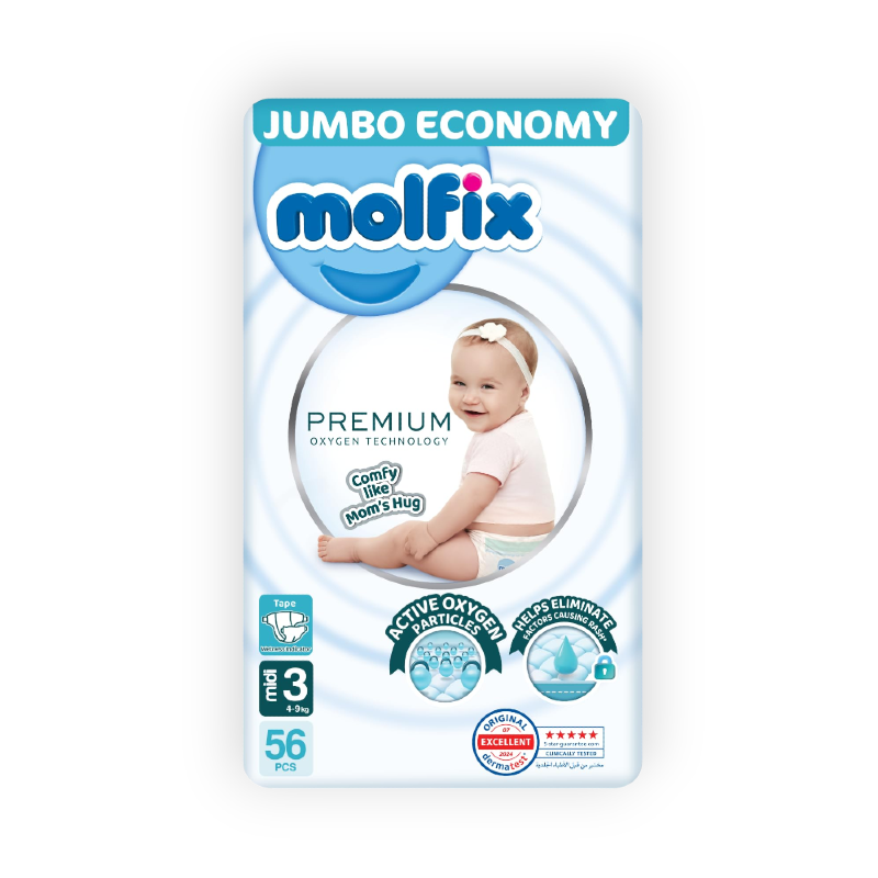 MOLFIX 3 DIAPERS OXYGEN PREMIUM MIDI (3) 4-9KG 56PCS
